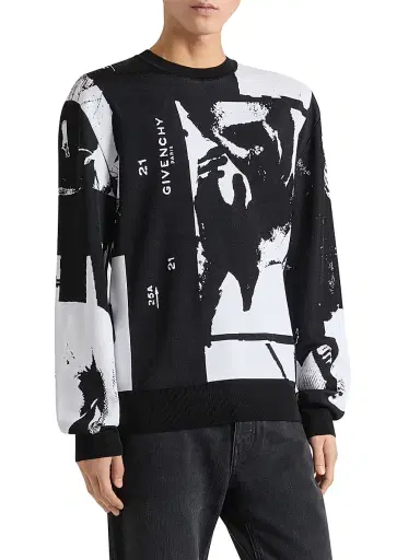 Givenchy Men's Sweater in Knit with Photographic Negative Jacquard - Black White | Thumbnail 3 Givenchy Men's Sweater in Knit with Photographic Negative Jacquard - Black White | Thumbnail 3