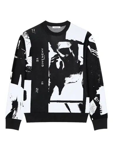 Givenchy Men's Sweater in Knit with Photographic Negative Jacquard - Black White | Thumbnail 1 Givenchy Men's Sweater in Knit with Photographic Negative Jacquard - Black White | Thumbnail 1