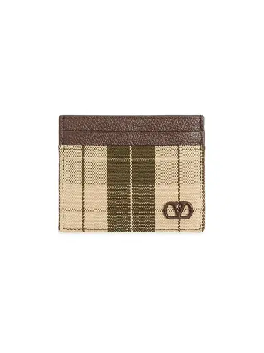 Valentino Garavani Men's VLogo Signature Cardholder in Checked Fabric - Green Beige | Thumbnail 1 Valentino Garavani Men's VLogo Signature Cardholder in Checked Fabric - Green Beige | Thumbnail 1