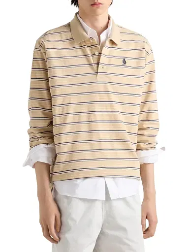 Prada Men's Striped Cotton Piqué Polo Shirt - Beige Khaki | Thumbnail 2 Prada Men's Striped Cotton Piqué Polo Shirt - Beige Khaki | Thumbnail 2