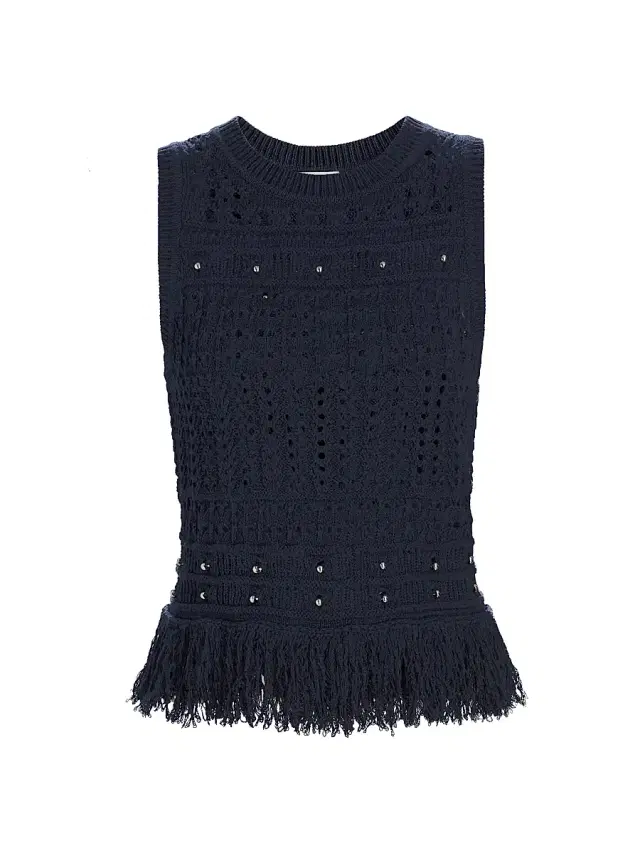 Women's Beaded Fringe Knit Sleeveless Top - Navy Women's Beaded Fringe Knit Sleeveless Top - Navy