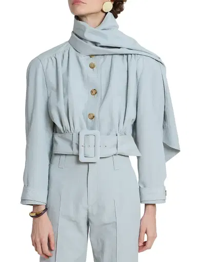 Chloé Women's Belted Linen-Cotton Crop Jacket - Storm Grey | Thumbnail 3 Chloé Women's Belted Linen-Cotton Crop Jacket - Storm Grey | Thumbnail 3