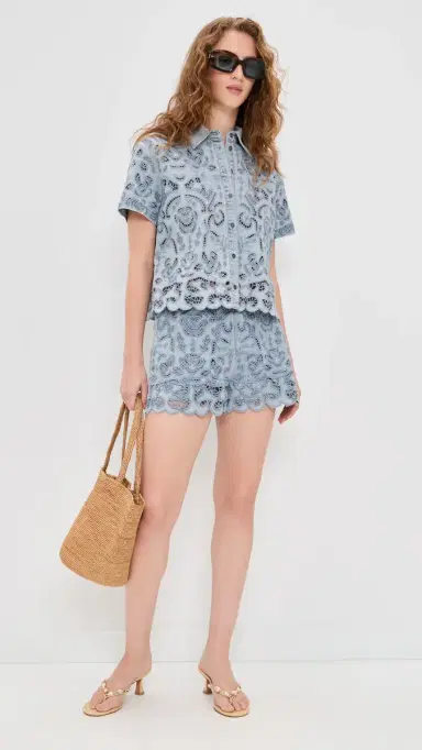 ALICE + OLIVIA Kenley Eyelet Drawstring Denim Shorts Sierra Light Blue | Thumbnail 5 ALICE + OLIVIA Kenley Eyelet Drawstring Denim Shorts Sierra Light Blue | Thumbnail 5