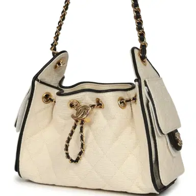 Chanel Chanel Mini 25 Hobo Bag Ecru Canvas and Black Calfskin Gold Hardware | Thumbnail 5 Chanel Chanel Mini 25 Hobo Bag Ecru Canvas and Black Calfskin Gold Hardware | Thumbnail 5