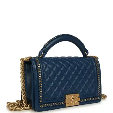 Chanel Pre-owned Chanel Medium Top Handle Braided Boy Bag Blue Lambskin Antique Gold Hardware | Thumbnail 2 Chanel Pre-owned Chanel Medium Top Handle Braided Boy Bag Blue Lambskin Antique Gold Hardware | Thumbnail 2