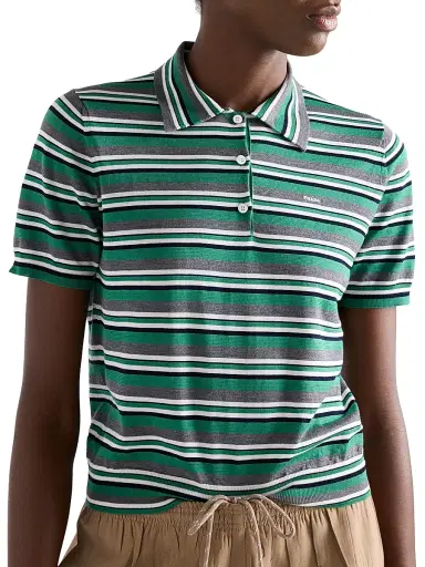Prada Women's Short-Sleeved Striped Cotton Polo Shirt - Green | Thumbnail 3 Prada Women's Short-Sleeved Striped Cotton Polo Shirt - Green | Thumbnail 3