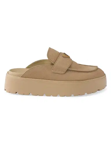 Prada Women's Nubuck Flatform Mules - Beige Khaki | Thumbnail 1 Prada Women's Nubuck Flatform Mules - Beige Khaki | Thumbnail 1