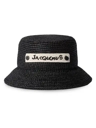 Jacquemus Men's Logo Raffia Bucket Hat - Black | Thumbnail 1 Jacquemus Men's Logo Raffia Bucket Hat - Black | Thumbnail 1