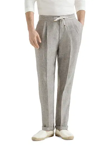 Brunello Cucinelli Men's Linen and Hemp Diagonal Trousers with Drawstring and Double Pleats - Light Grey - Size 46 | Thumbnail 2 Brunello Cucinelli Men's Linen and Hemp Diagonal Trousers with Drawstring and Double Pleats - Light Grey - Size 46 | Thumbnail 2