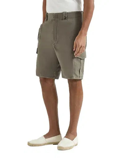 Brunello Cucinelli Men's Garment Dyed Bermuda Shorts in Cotton and Linen Canvas - Military | Thumbnail 2 Brunello Cucinelli Men's Garment Dyed Bermuda Shorts in Cotton and Linen Canvas - Military | Thumbnail 2