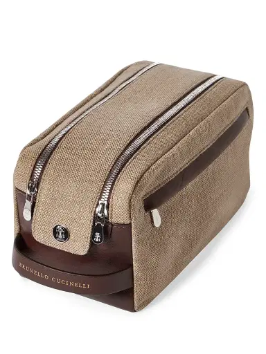 Brunello Cucinelli Women's Water Resistant Canvas and Burnished Calfskin Beauty Case with Double Zipper | Thumbnail 4 Brunello Cucinelli Women's Water Resistant Canvas and Burnished Calfskin Beauty Case with Double Zipper | Thumbnail 4