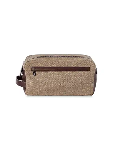 Brunello Cucinelli Women's Water Resistant Canvas and Burnished Calfskin Beauty Case with Double Zipper | Thumbnail 1 Brunello Cucinelli Women's Water Resistant Canvas and Burnished Calfskin Beauty Case with Double Zipper | Thumbnail 1