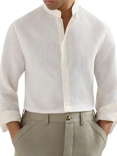 Brunello Cucinelli Men's Linen Easy Fit Shirt with Mandarin Collar - Panama | Thumbnail 4 Brunello Cucinelli Men's Linen Easy Fit Shirt with Mandarin Collar - Panama | Thumbnail 4