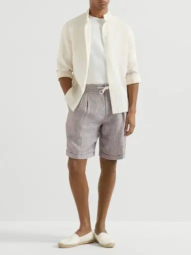 Brunello Cucinelli Men's Linen and Hemp Diagonal Bermuda Shorts - Light Brown | Thumbnail 6 Brunello Cucinelli Men's Linen and Hemp Diagonal Bermuda Shorts - Light Brown | Thumbnail 6