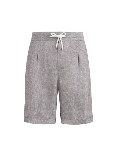 Brunello Cucinelli Men's Linen and Hemp Diagonal Bermuda Shorts - Light Brown | Thumbnail 1 Brunello Cucinelli Men's Linen and Hemp Diagonal Bermuda Shorts - Light Brown | Thumbnail 1