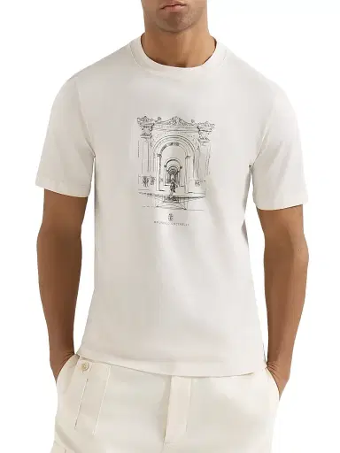 Brunello Cucinelli Men's Cotton Jersey Crewneck T-Shirt with Print - White | Thumbnail 2 Brunello Cucinelli Men's Cotton Jersey Crewneck T-Shirt with Print - White | Thumbnail 2