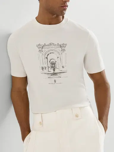 Brunello Cucinelli Men's Cotton Jersey Crewneck T-Shirt with Print - White | Thumbnail 5 Brunello Cucinelli Men's Cotton Jersey Crewneck T-Shirt with Print - White | Thumbnail 5