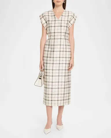 Brandon Maxwell The Keaton Exaggerated-Shoulder Check Mikado Silk Midi Dress | Thumbnail 2 Brandon Maxwell The Keaton Exaggerated-Shoulder Check Mikado Silk Midi Dress | Thumbnail 2