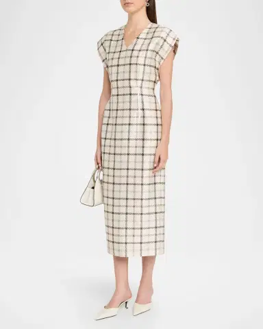Brandon Maxwell The Keaton Exaggerated-Shoulder Check Mikado Silk Midi Dress | Thumbnail 4 Brandon Maxwell The Keaton Exaggerated-Shoulder Check Mikado Silk Midi Dress | Thumbnail 4