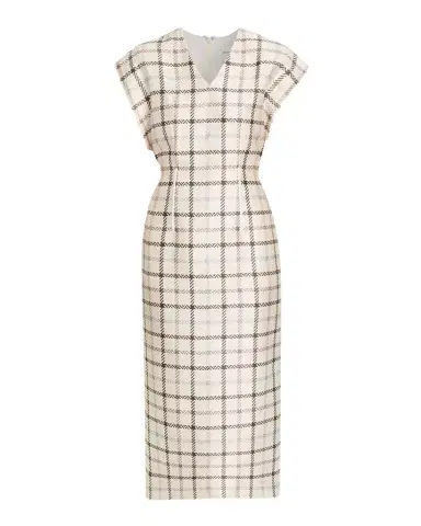 Brandon Maxwell The Keaton Exaggerated-Shoulder Check Mikado Silk Midi Dress | Thumbnail 1 Brandon Maxwell The Keaton Exaggerated-Shoulder Check Mikado Silk Midi Dress | Thumbnail 1