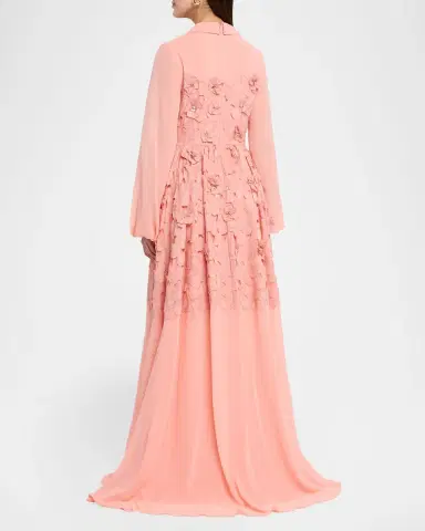 BADGLEY MISCHKA Blouson-Sleeve Floral Lace Georgette Gown | Thumbnail 3 BADGLEY MISCHKA Blouson-Sleeve Floral Lace Georgette Gown | Thumbnail 3