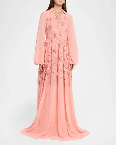 BADGLEY MISCHKA Blouson-Sleeve Floral Lace Georgette Gown | Thumbnail 4 BADGLEY MISCHKA Blouson-Sleeve Floral Lace Georgette Gown | Thumbnail 4