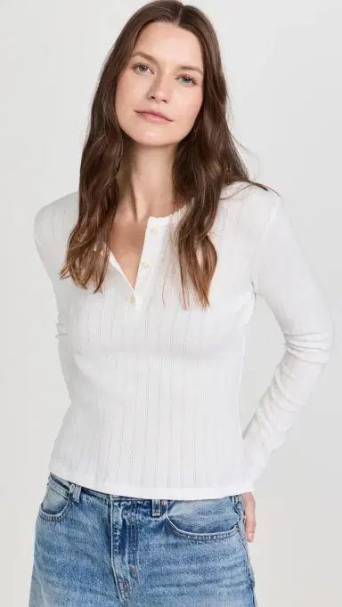 Leset Pointelle Long Sleeve Henley White | Thumbnail 2 Leset Pointelle Long Sleeve Henley White | Thumbnail 2