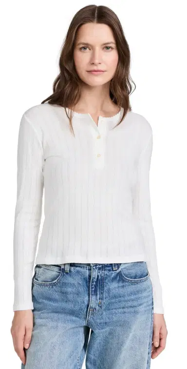 Leset Pointelle Long Sleeve Henley White | Thumbnail 1 Leset Pointelle Long Sleeve Henley White | Thumbnail 1