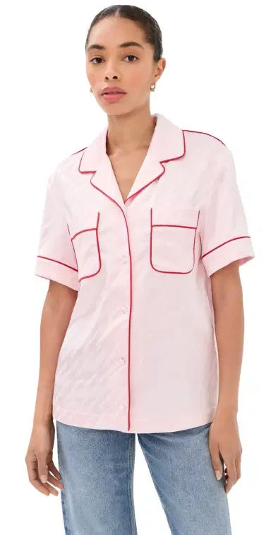 Off-White Satin Pajama Shirt Soft Pink | Thumbnail 1 Off-White Satin Pajama Shirt Soft Pink | Thumbnail 1