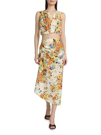 A.L.C. Women's Naomi Printed Ruched Cotton Midi-Skirt - Butter Poppy Multi - Size 14 | Thumbnail 2 A.L.C. Women's Naomi Printed Ruched Cotton Midi-Skirt - Butter Poppy Multi - Size 14 | Thumbnail 2