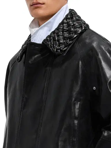 Bottega Veneta Men's Crackled Intrecciato Collar Leather Jacket - Black | Thumbnail 3 Bottega Veneta Men's Crackled Intrecciato Collar Leather Jacket - Black | Thumbnail 3