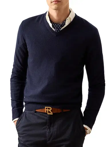 Ralph Lauren Purple Label Men's Cashmere Jersey V-Neck Sweater - Classic Chairman Navy | Thumbnail 2 Ralph Lauren Purple Label Men's Cashmere Jersey V-Neck Sweater - Classic Chairman Navy | Thumbnail 2