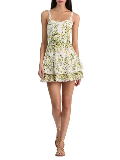 Alice + Olivia Women's Meredith Floral Cotton Tiered Minidress - Fresh Air Butter - Size 14 | Thumbnail 2 Alice + Olivia Women's Meredith Floral Cotton Tiered Minidress - Fresh Air Butter - Size 14 | Thumbnail 2