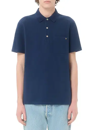 Valentino Garavani Men's Cotton Piqué Polo Shirt with VGold - Blue | Thumbnail 3 Valentino Garavani Men's Cotton Piqué Polo Shirt with VGold - Blue | Thumbnail 3