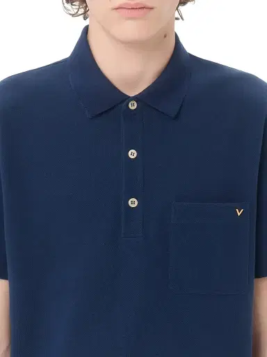 Valentino Garavani Men's Cotton Piqué Polo Shirt with VGold - Blue | Thumbnail 6 Valentino Garavani Men's Cotton Piqué Polo Shirt with VGold - Blue | Thumbnail 6