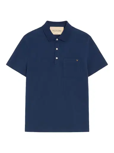Valentino Garavani Men's Cotton Piqué Polo Shirt with VGold - Blue | Thumbnail 1 Valentino Garavani Men's Cotton Piqué Polo Shirt with VGold - Blue | Thumbnail 1