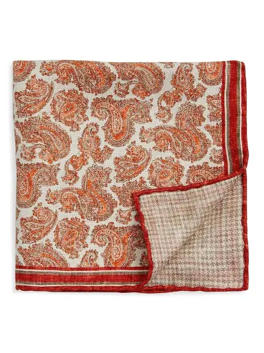 Brunello Cucinelli Men's Silk Paisley Pocket Square - Orange Brown | Thumbnail 1 Brunello Cucinelli Men's Silk Paisley Pocket Square - Orange Brown | Thumbnail 1