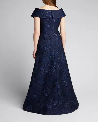 Rickie Freeman for Teri Jon Off-the-Shoulder Metallic Jacquard Gown w/ Bow | Thumbnail 2 Rickie Freeman for Teri Jon Off-the-Shoulder Metallic Jacquard Gown w/ Bow | Thumbnail 2