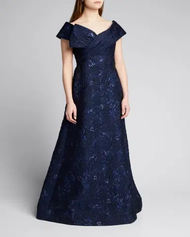 Rickie Freeman for Teri Jon Off-the-Shoulder Metallic Jacquard Gown w/ Bow | Thumbnail 3 Rickie Freeman for Teri Jon Off-the-Shoulder Metallic Jacquard Gown w/ Bow | Thumbnail 3