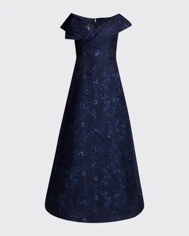 Rickie Freeman for Teri Jon Off-the-Shoulder Metallic Jacquard Gown w/ Bow | Thumbnail 5 Rickie Freeman for Teri Jon Off-the-Shoulder Metallic Jacquard Gown w/ Bow | Thumbnail 5