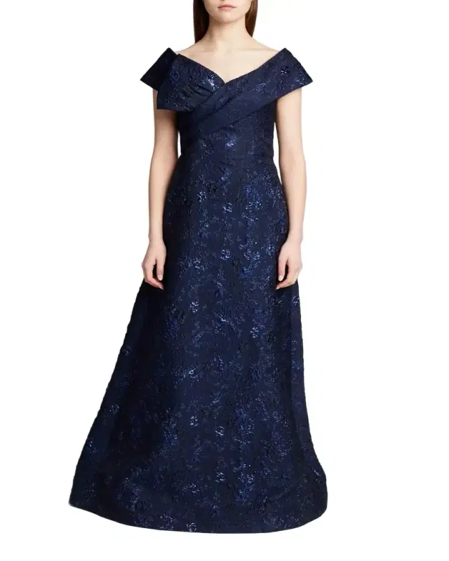 Off-the-Shoulder Metallic Jacquard Gown w/ Bow Off-the-Shoulder Metallic Jacquard Gown w/ Bow
