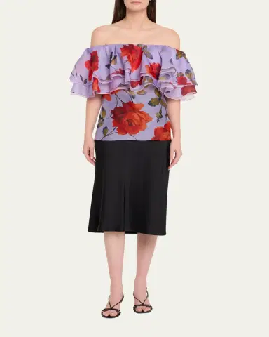 Carolina Herrera Rose Chiffon Off-The-Shoulder Ruffle Top | Thumbnail 2 Carolina Herrera Rose Chiffon Off-The-Shoulder Ruffle Top | Thumbnail 2