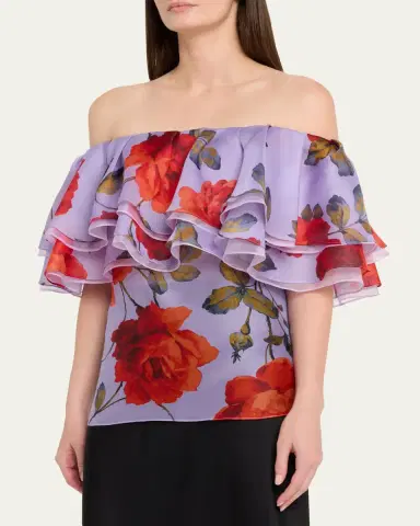 Carolina Herrera Rose Chiffon Off-The-Shoulder Ruffle Top | Thumbnail 4 Carolina Herrera Rose Chiffon Off-The-Shoulder Ruffle Top | Thumbnail 4