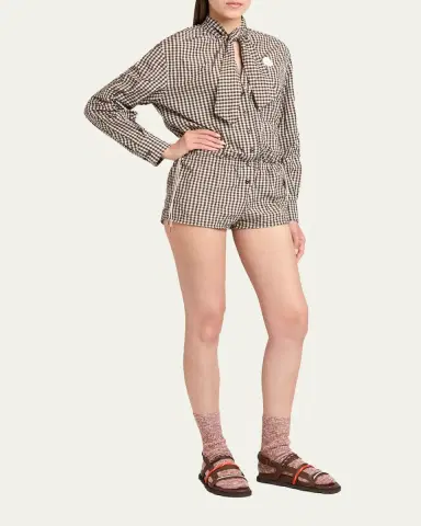Moncler Vichy Long-Sleeve Romper with Bow | Thumbnail 4 Moncler Vichy Long-Sleeve Romper with Bow | Thumbnail 4