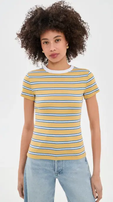 Madewell The '90s Crewneck Tee in Compact Cotton Yellow x Blue tripe | Thumbnail 2 Madewell The '90s Crewneck Tee in Compact Cotton Yellow x Blue tripe | Thumbnail 2