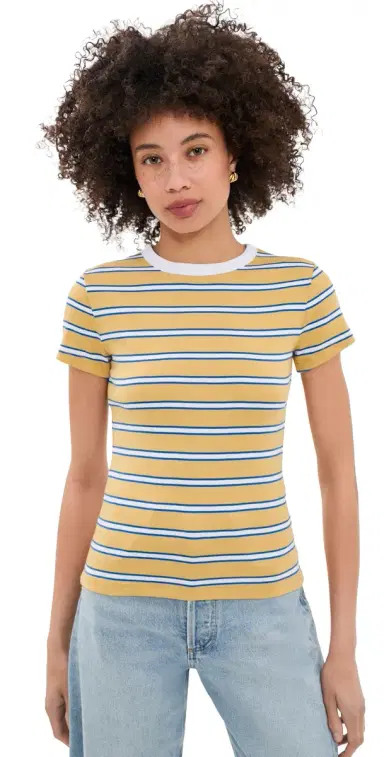 Madewell The '90s Crewneck Tee in Compact Cotton Yellow x Blue tripe | Thumbnail 1 Madewell The '90s Crewneck Tee in Compact Cotton Yellow x Blue tripe | Thumbnail 1