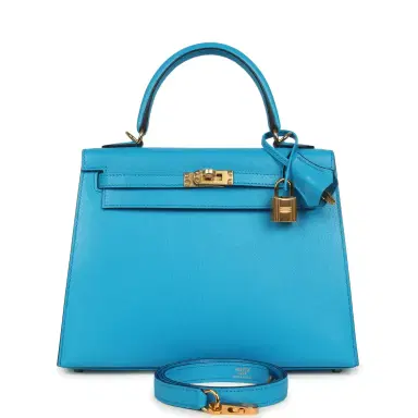 HERMÈS Hermes Kelly Sellier 25 Bleu Frida Chevre Mysore Gold Hardware | Thumbnail 1 HERMÈS Hermes Kelly Sellier 25 Bleu Frida Chevre Mysore Gold Hardware | Thumbnail 1