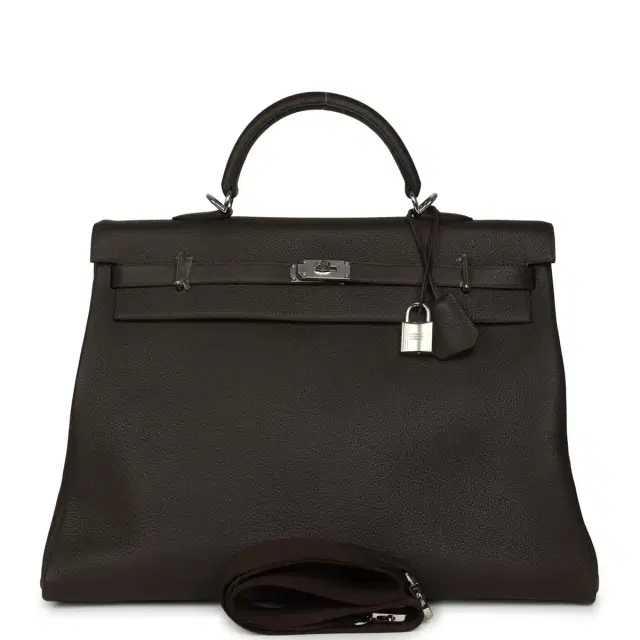 Hermes Kelly Voyage 50 Ebene Clemence Palladium Hardware Hermes Kelly Voyage 50 Ebene Clemence Palladium Hardware