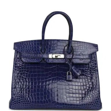 HERMÈS Pre-owned Hermes Birkin 35 Bleu Electric Shiny Porosus Crocodile Palladium Hardware | Thumbnail 1 HERMÈS Pre-owned Hermes Birkin 35 Bleu Electric Shiny Porosus Crocodile Palladium Hardware | Thumbnail 1