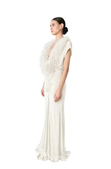 Lapointe Jersey V Neck Shirred Gown With Feathers | Thumbnail 1 Lapointe Jersey V Neck Shirred Gown With Feathers | Thumbnail 1